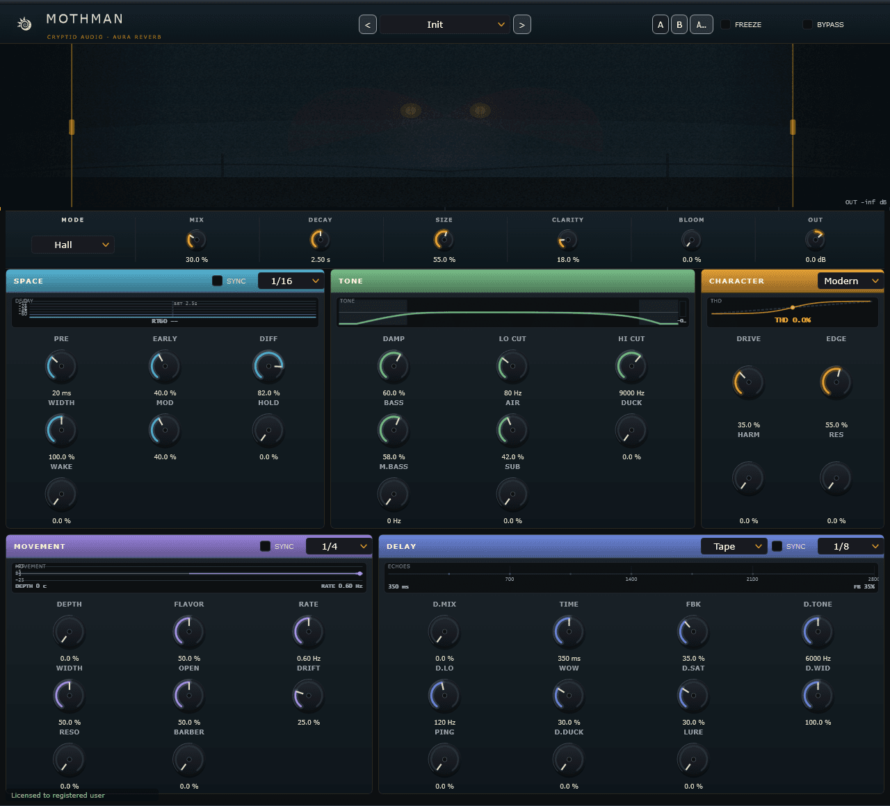 Mothman plugin — the tape echo and aura reverb, with its space visualizer above the delay, space, tone, movement and character modules