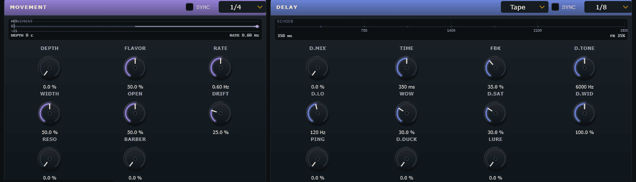 Mothman — the MOVEMENT (chorus, barber-pole) and DELAY (tape echo) modules